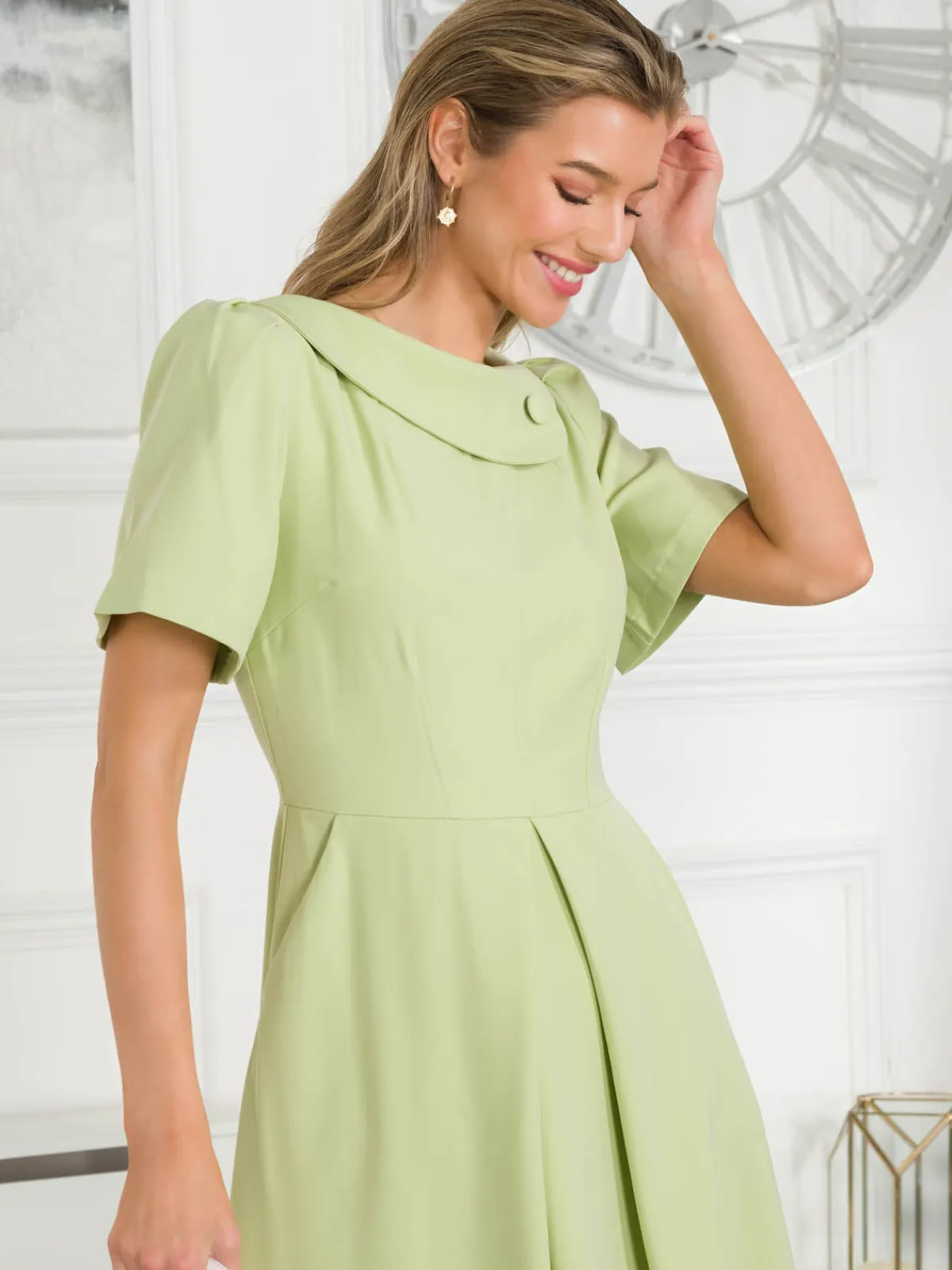 Jolie Moi Occasion Dresses|Mother Of The Bride-Debora Button Neck Dress, Citrus Green