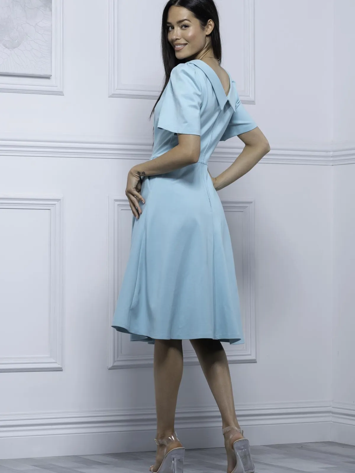 Jolie Moi Occasion Dresses|Race Day Dresses-Debora Button Neck Dress, Light Green