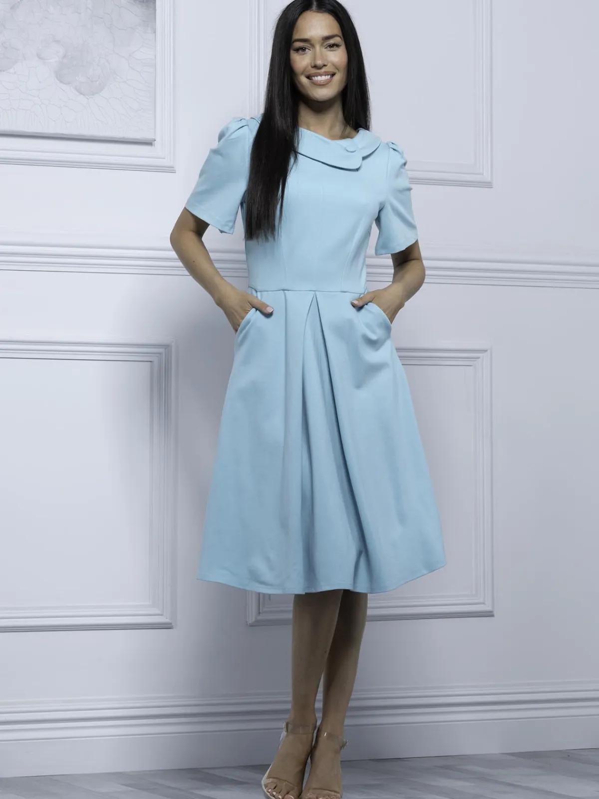 Jolie Moi Occasion Dresses|Race Day Dresses-Debora Button Neck Dress, Light Green
