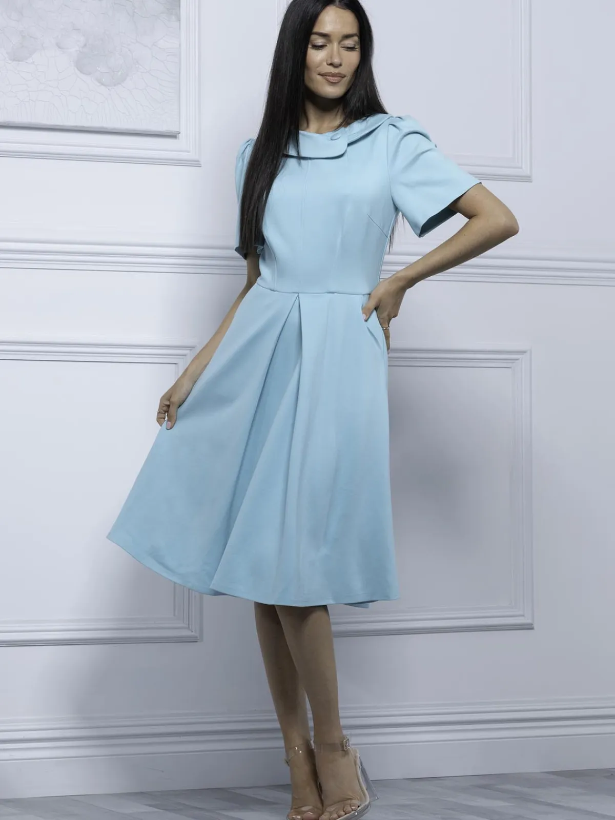 Jolie Moi Occasion Dresses|Race Day Dresses-Debora Button Neck Dress, Light Green