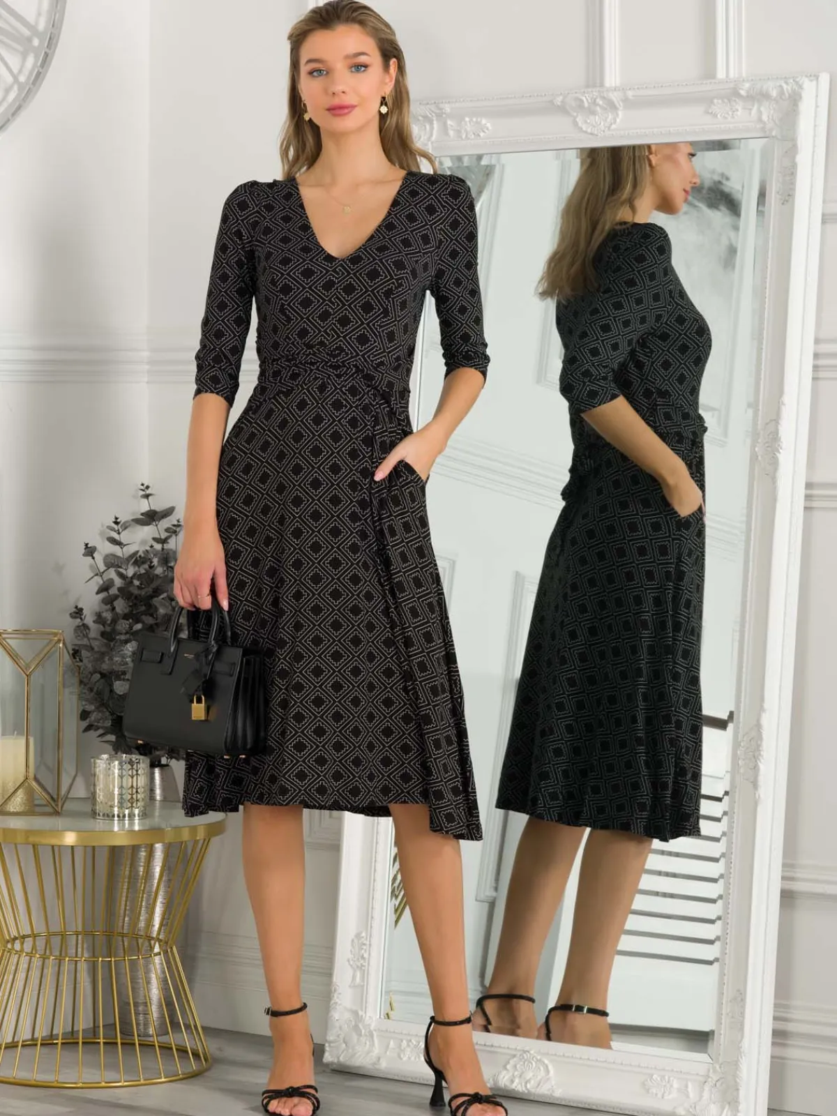 Jolie Moi Occasion Dresses|Jersey Dresses-Delylah V Neck Midi Dress, Black Geo