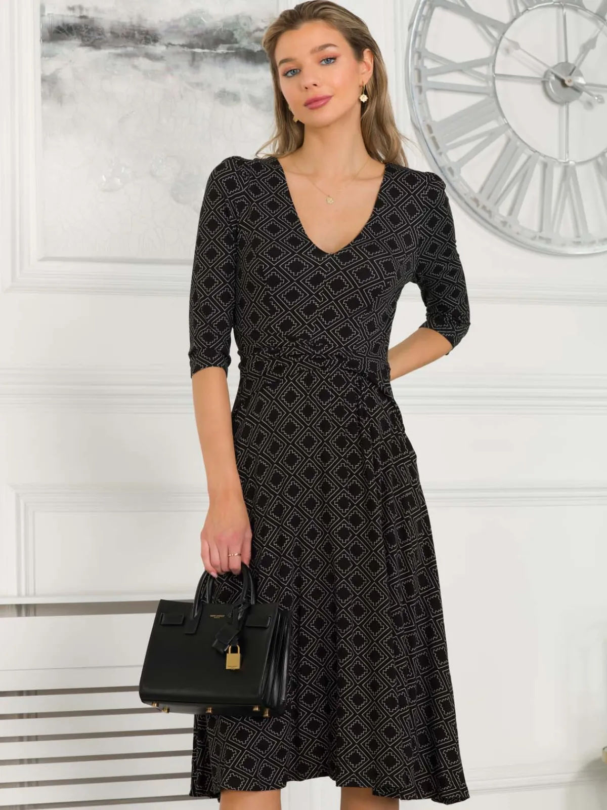 Jolie Moi Occasion Dresses|Jersey Dresses-Delylah V Neck Midi Dress, Black Geo