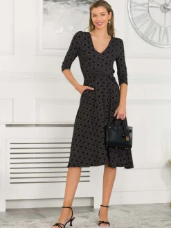 Jolie Moi Occasion Dresses|Jersey Dresses-Delylah V Neck Midi Dress, Black Geo