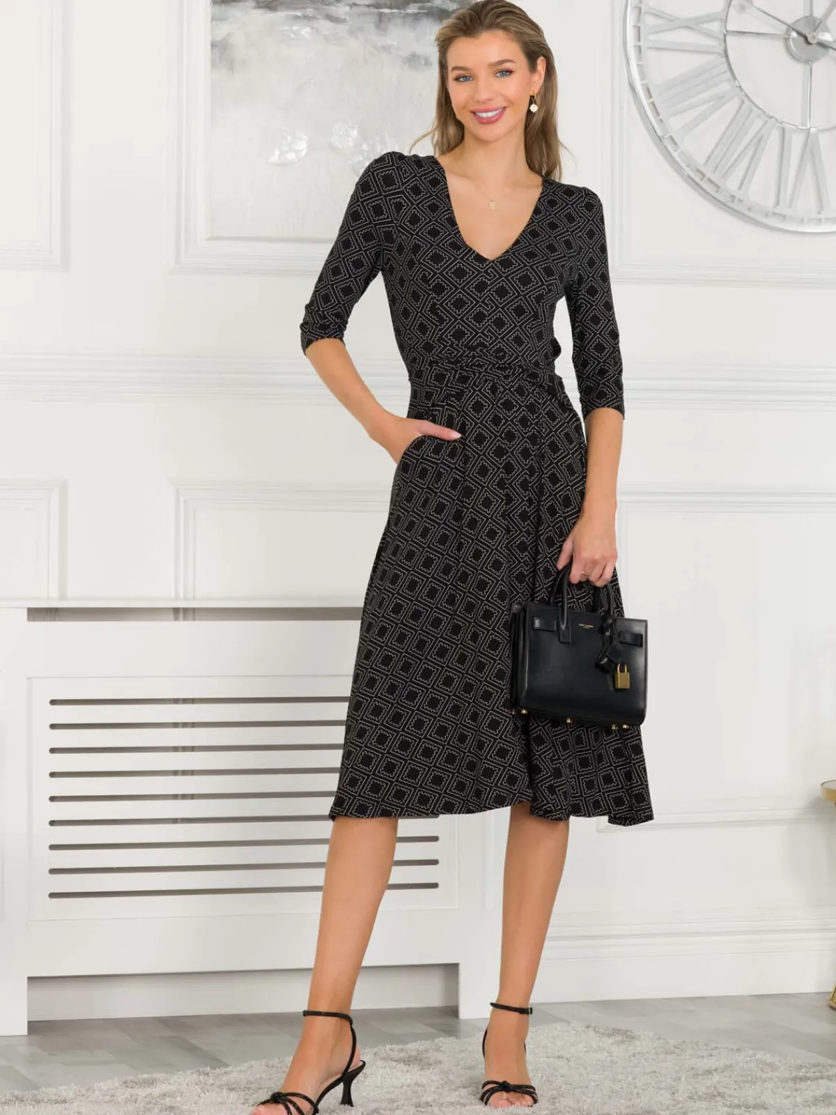 Jolie Moi Occasion Dresses|Jersey Dresses-Delylah V Neck Midi Dress, Black Geo