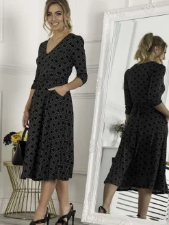 Jolie Moi Occasion Dresses|Jersey Dresses-Delylah V Neck Midi Dress, Black Geo