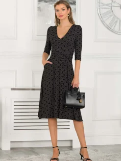 Jolie Moi Occasion Dresses|Jersey Dresses-Delylah V Neck Midi Dress, Black Geo