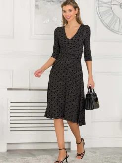 Jolie Moi Occasion Dresses|Jersey Dresses-Delylah V Neck Midi Dress, Black Geo