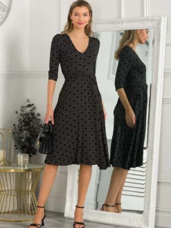 Jolie Moi Occasion Dresses|Jersey Dresses-Delylah V Neck Midi Dress, Black Geo