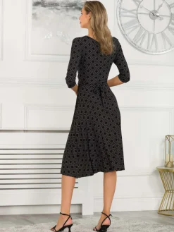 Jolie Moi Occasion Dresses|Jersey Dresses-Delylah V Neck Midi Dress, Black Geo