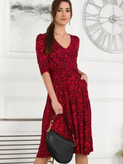 Jolie Moi Occasion Dresses|Jersey Dresses-Delylah V Neck Midi Dress, Red Animal