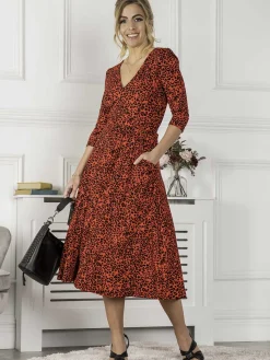 Jolie Moi Occasion Dresses|Jersey Dresses-Delylah V Neck Midi Dress, Red Animal