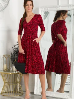 Jolie Moi Occasion Dresses|Jersey Dresses-Delylah V Neck Midi Dress, Red Animal
