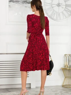 Jolie Moi Occasion Dresses|Jersey Dresses-Delylah V Neck Midi Dress, Red Animal