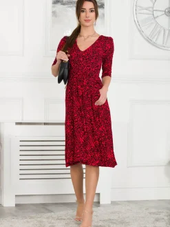 Jolie Moi Occasion Dresses|Jersey Dresses-Delylah V Neck Midi Dress, Red Animal