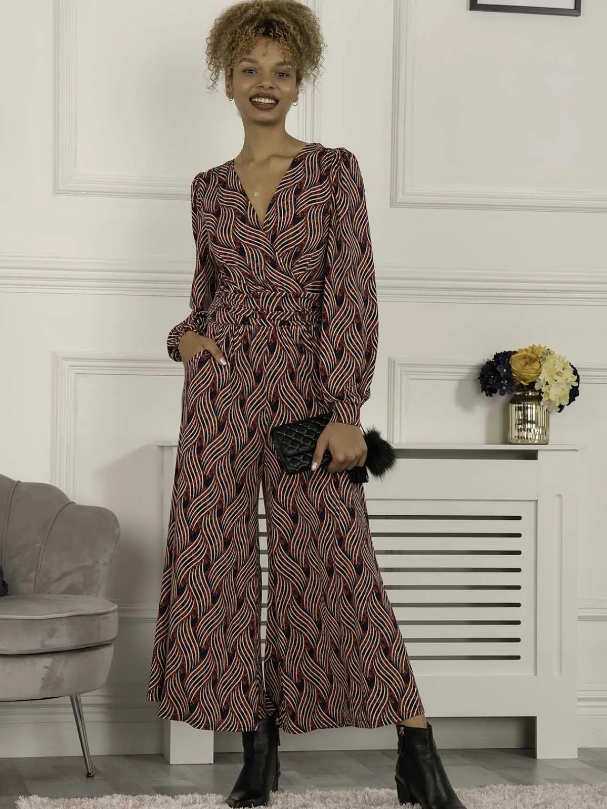 Jolie Moi Weekend Casuals-Devora Long Sleeve Jumpsuit, Red Multi