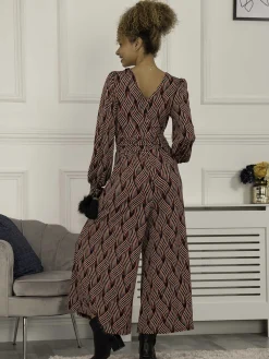 Jolie Moi Weekend Casuals-Devora Long Sleeve Jumpsuit, Red Multi