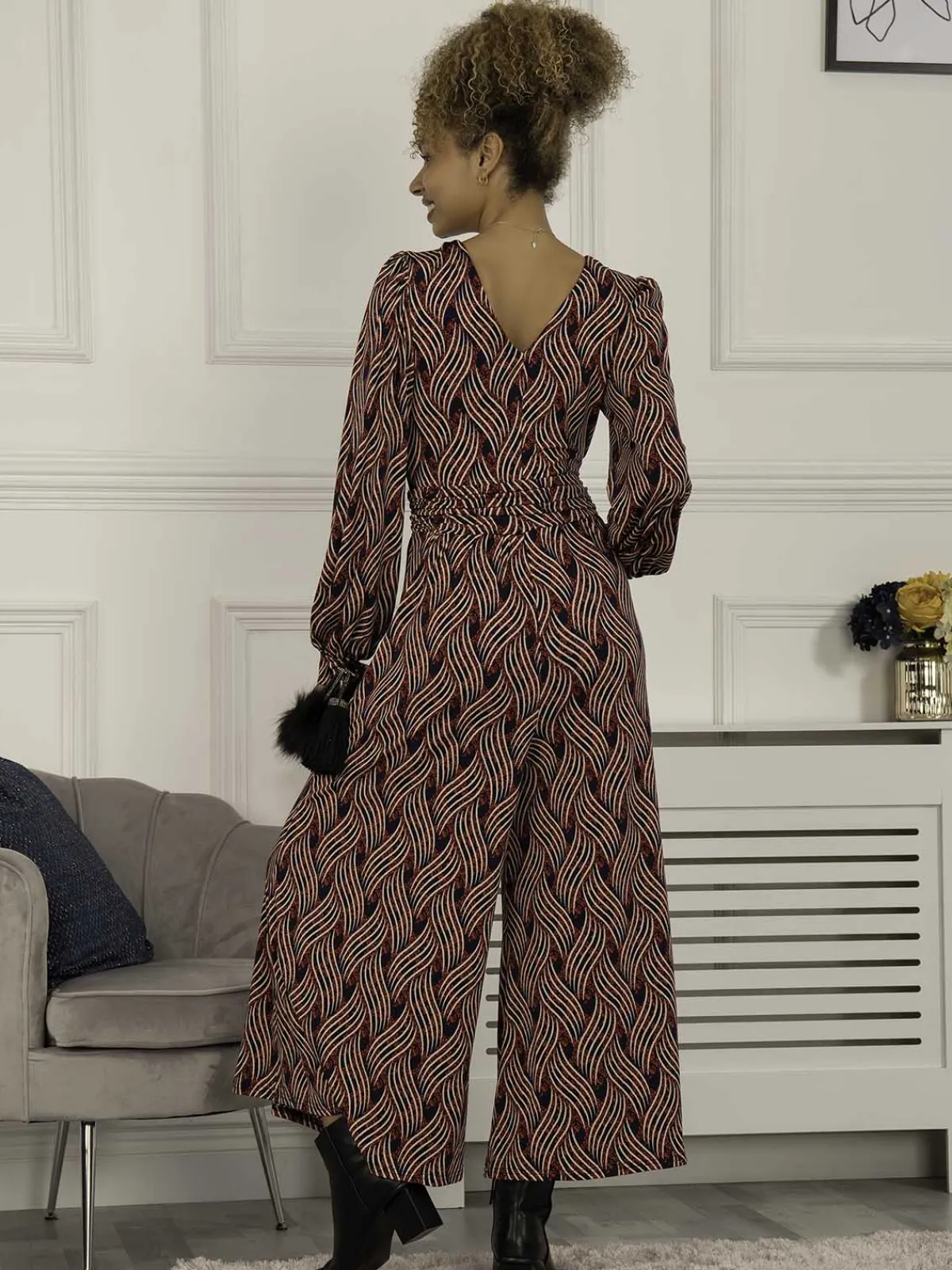 Jolie Moi Weekend Casuals-Devora Long Sleeve Jumpsuit, Red Multi