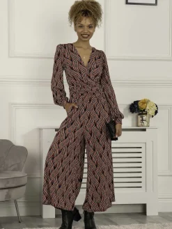 Jolie Moi Weekend Casuals-Devora Long Sleeve Jumpsuit, Red Multi