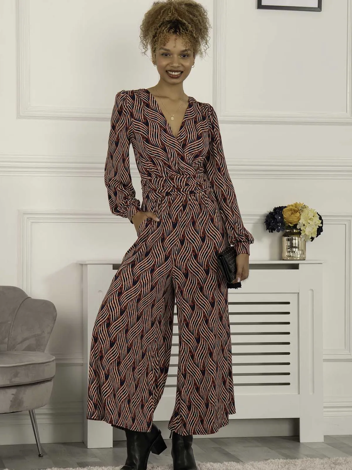 Jolie Moi Weekend Casuals-Devora Long Sleeve Jumpsuit, Red Multi