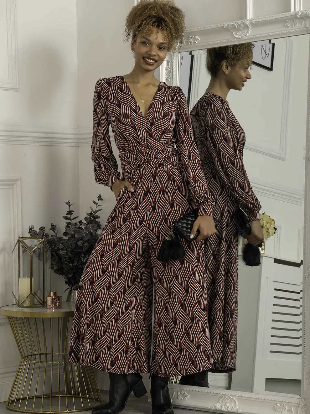 Jolie Moi Weekend Casuals-Devora Long Sleeve Jumpsuit, Red Multi