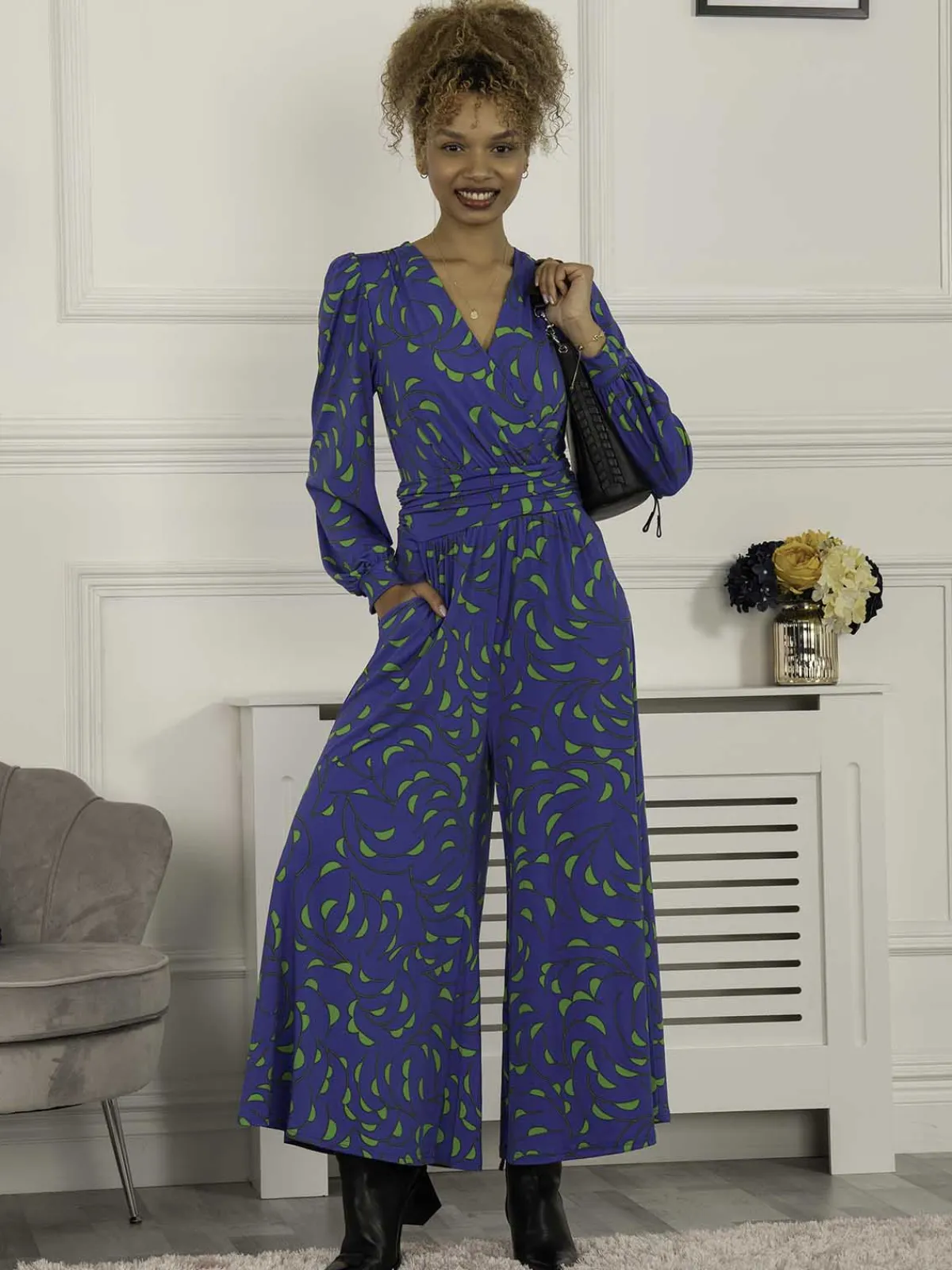 Jolie Moi Weekend Casuals-Devora Long Sleeve Jumpsuit, Royal Multi