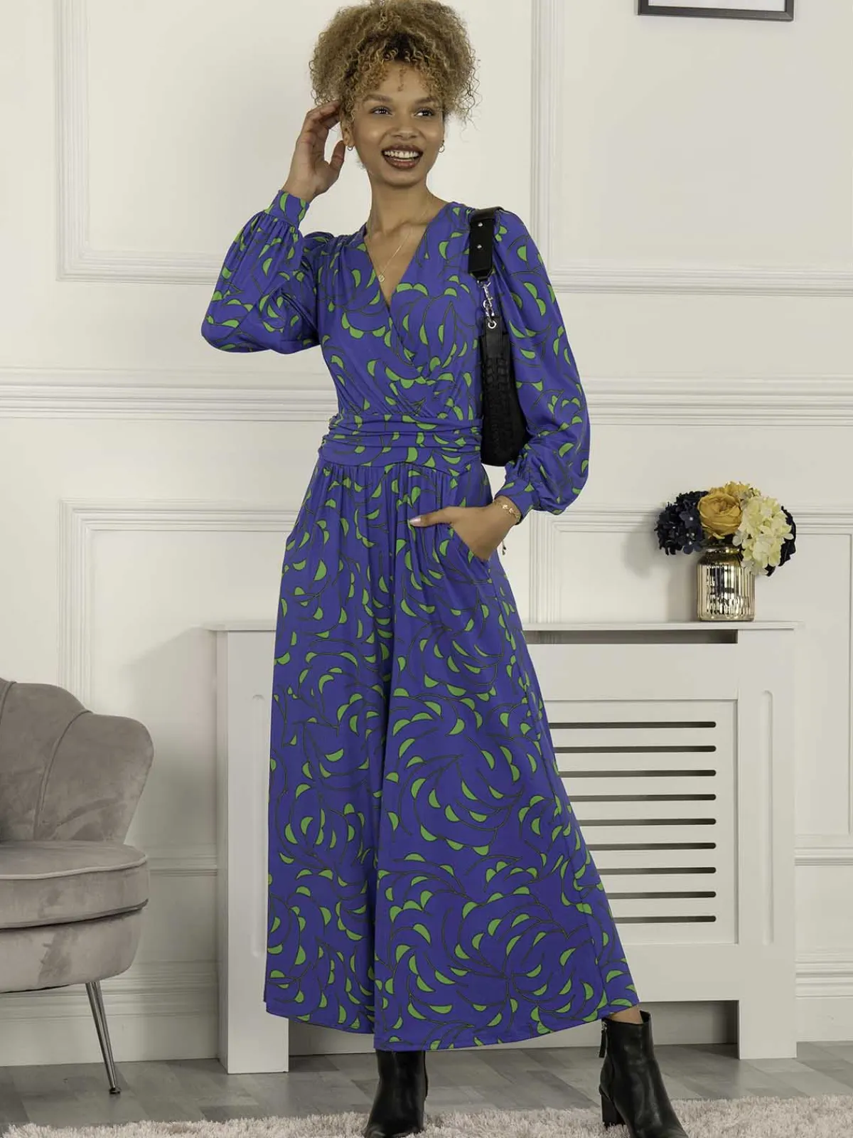 Jolie Moi Weekend Casuals-Devora Long Sleeve Jumpsuit, Royal Multi