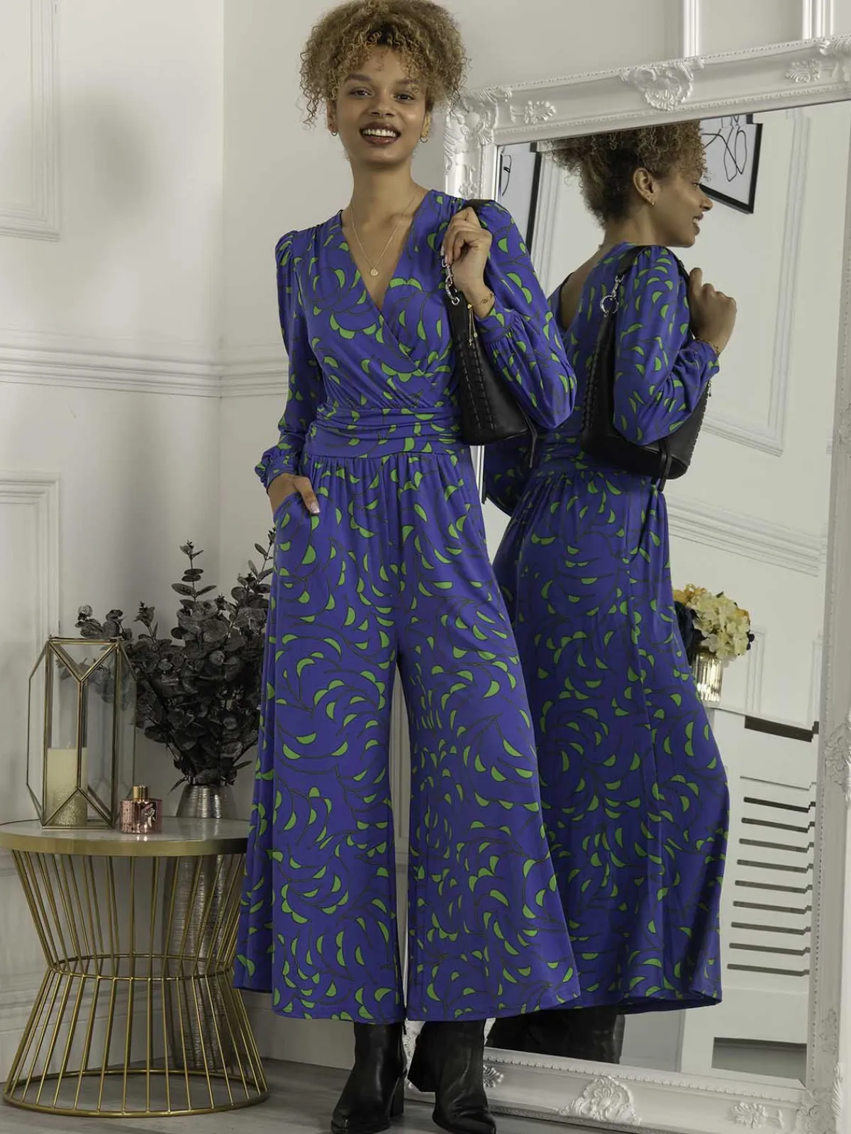 Jolie Moi Weekend Casuals-Devora Long Sleeve Jumpsuit, Royal Multi