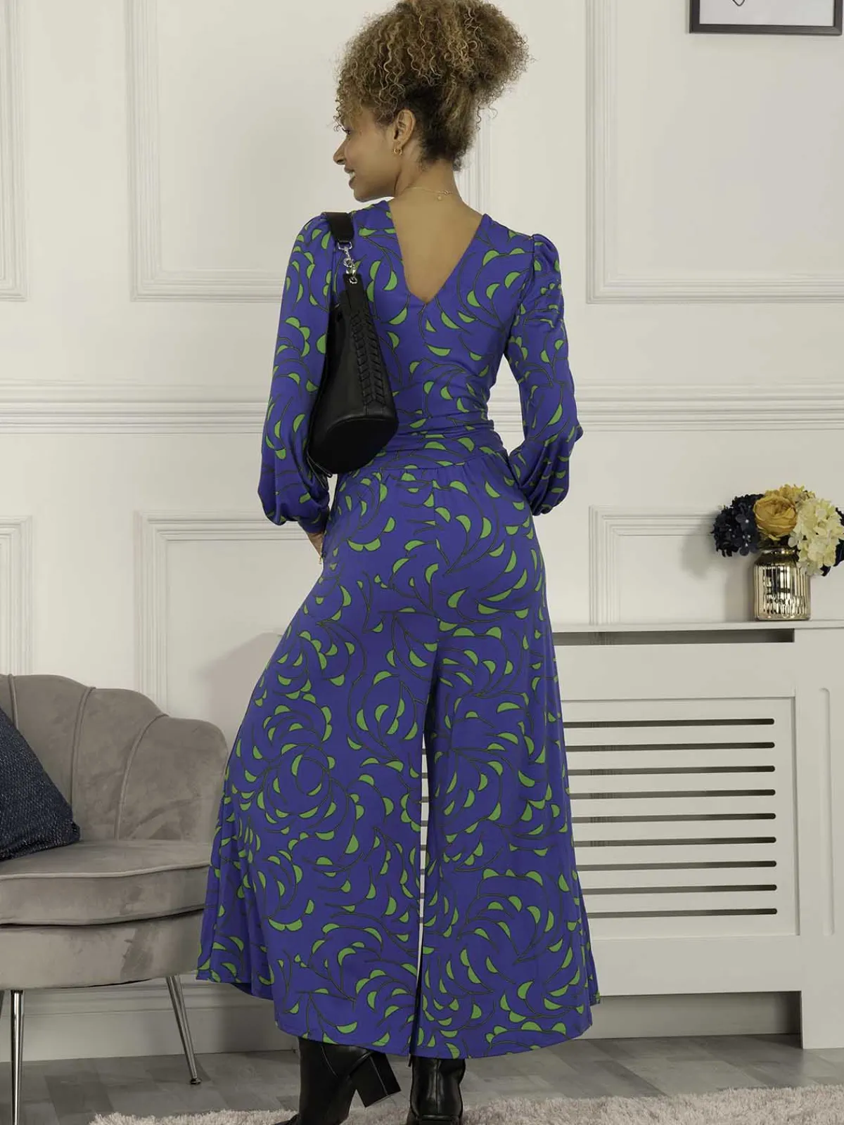 Jolie Moi Weekend Casuals-Devora Long Sleeve Jumpsuit, Royal Multi