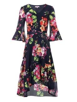 Jolie Moi Occasion Dresses|Floral Dresses-Dipped Hem Mesh Midi Dress, Navy Floral