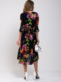 Jolie Moi Occasion Dresses|Floral Dresses-Dipped Hem Mesh Midi Dress, Navy Floral
