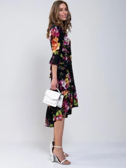 Jolie Moi Occasion Dresses|Floral Dresses-Dipped Hem Mesh Midi Dress, Navy Floral