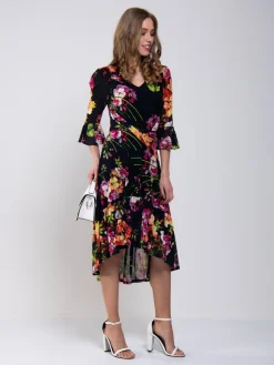 Jolie Moi Occasion Dresses|Floral Dresses-Dipped Hem Mesh Midi Dress, Navy Floral