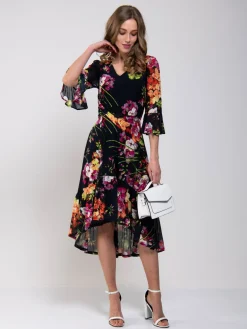 Jolie Moi Occasion Dresses|Floral Dresses-Dipped Hem Mesh Midi Dress, Navy Floral