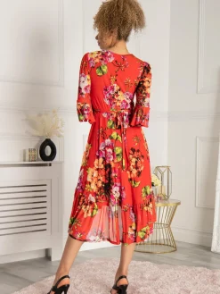 Jolie Moi Occasion Dresses|Midi Dresses-Dipped Hem Mesh Midi Dress, Red Floral