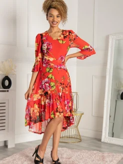 Jolie Moi Occasion Dresses|Midi Dresses-Dipped Hem Mesh Midi Dress, Red Floral