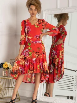 Jolie Moi Occasion Dresses|Midi Dresses-Dipped Hem Mesh Midi Dress, Red Floral