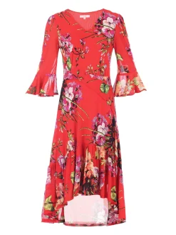 Jolie Moi Occasion Dresses|Midi Dresses-Dipped Hem Mesh Midi Dress, Red Floral