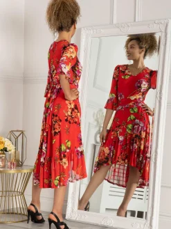 Jolie Moi Occasion Dresses|Midi Dresses-Dipped Hem Mesh Midi Dress, Red Floral