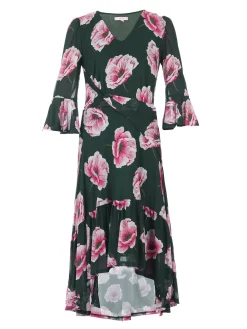 Jolie Moi Occasion Dresses|Floral Dresses-Dipped Hem Mesh Midi Dress, Teal Floral