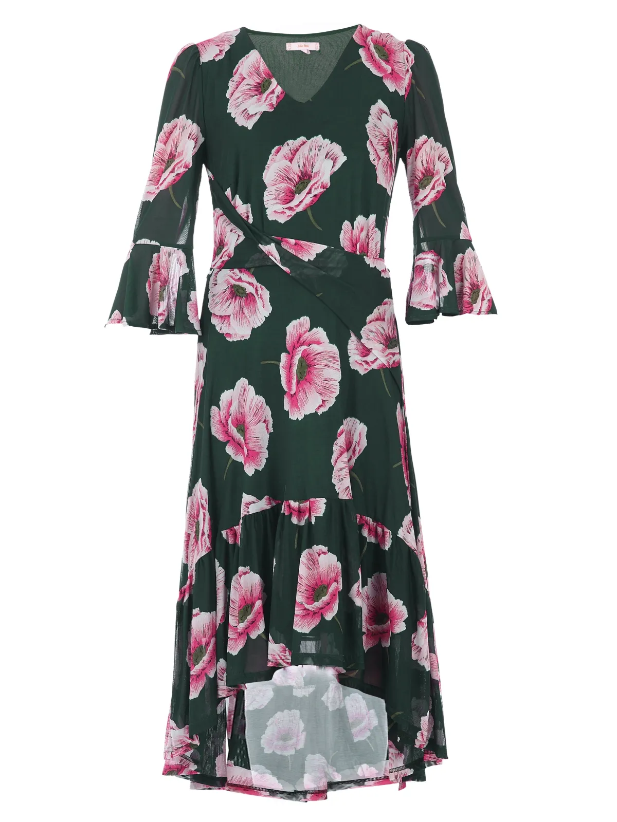 Jolie Moi Occasion Dresses|Floral Dresses-Dipped Hem Mesh Midi Dress, Teal Floral