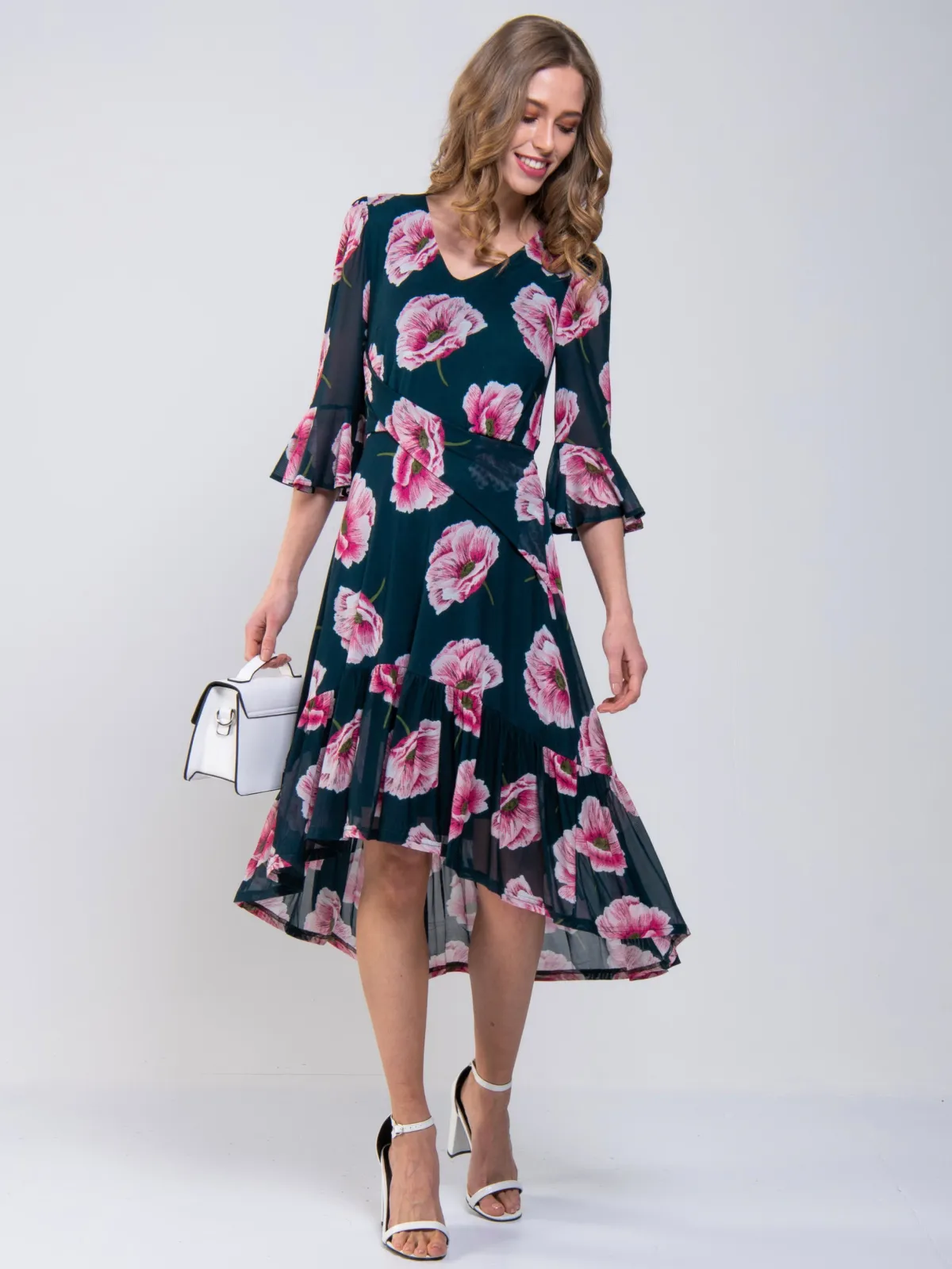 Jolie Moi Occasion Dresses|Floral Dresses-Dipped Hem Mesh Midi Dress, Teal Floral