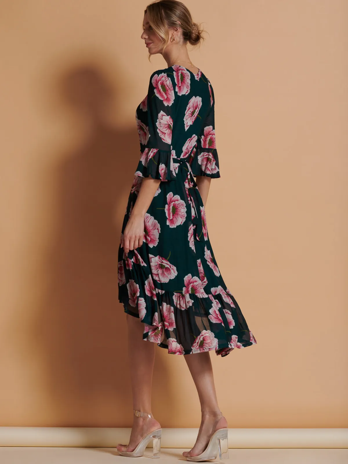 Jolie Moi Occasion Dresses|Floral Dresses-Dipped Hem Mesh Midi Dress, Teal Floral