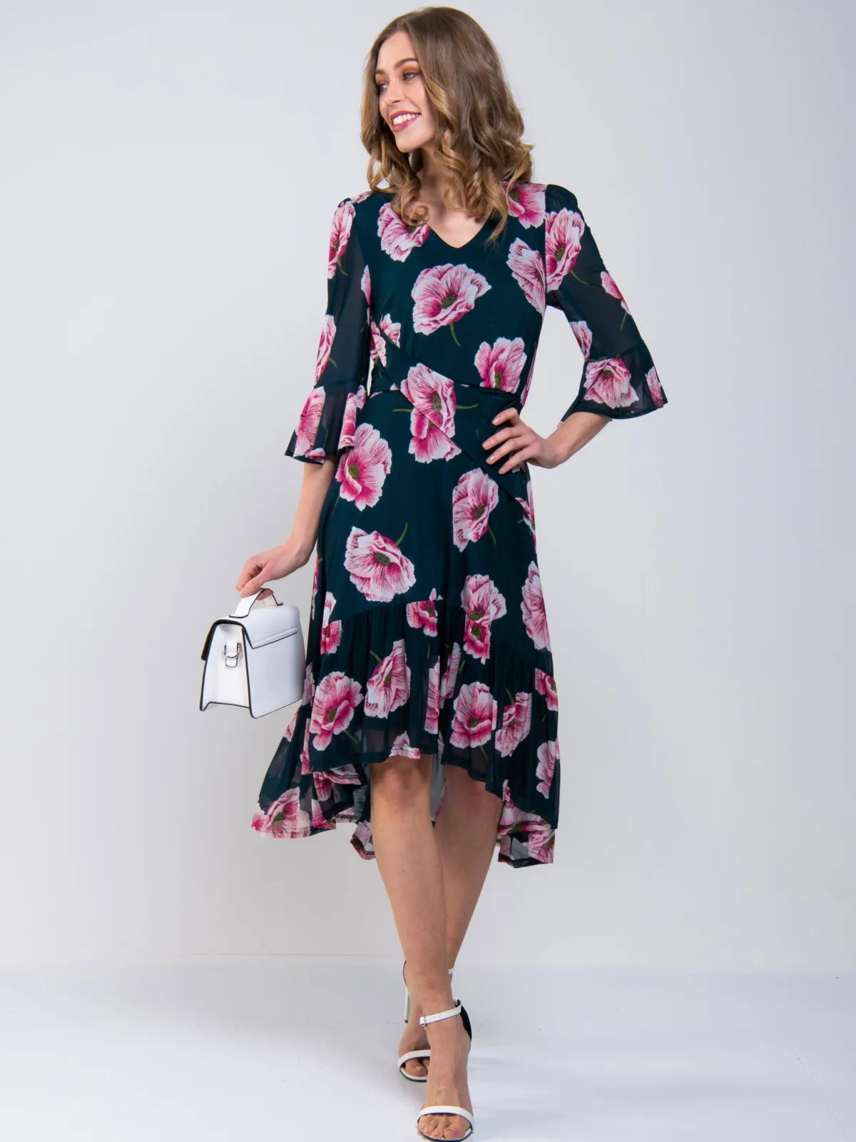 Jolie Moi Occasion Dresses|Floral Dresses-Dipped Hem Mesh Midi Dress, Teal Floral