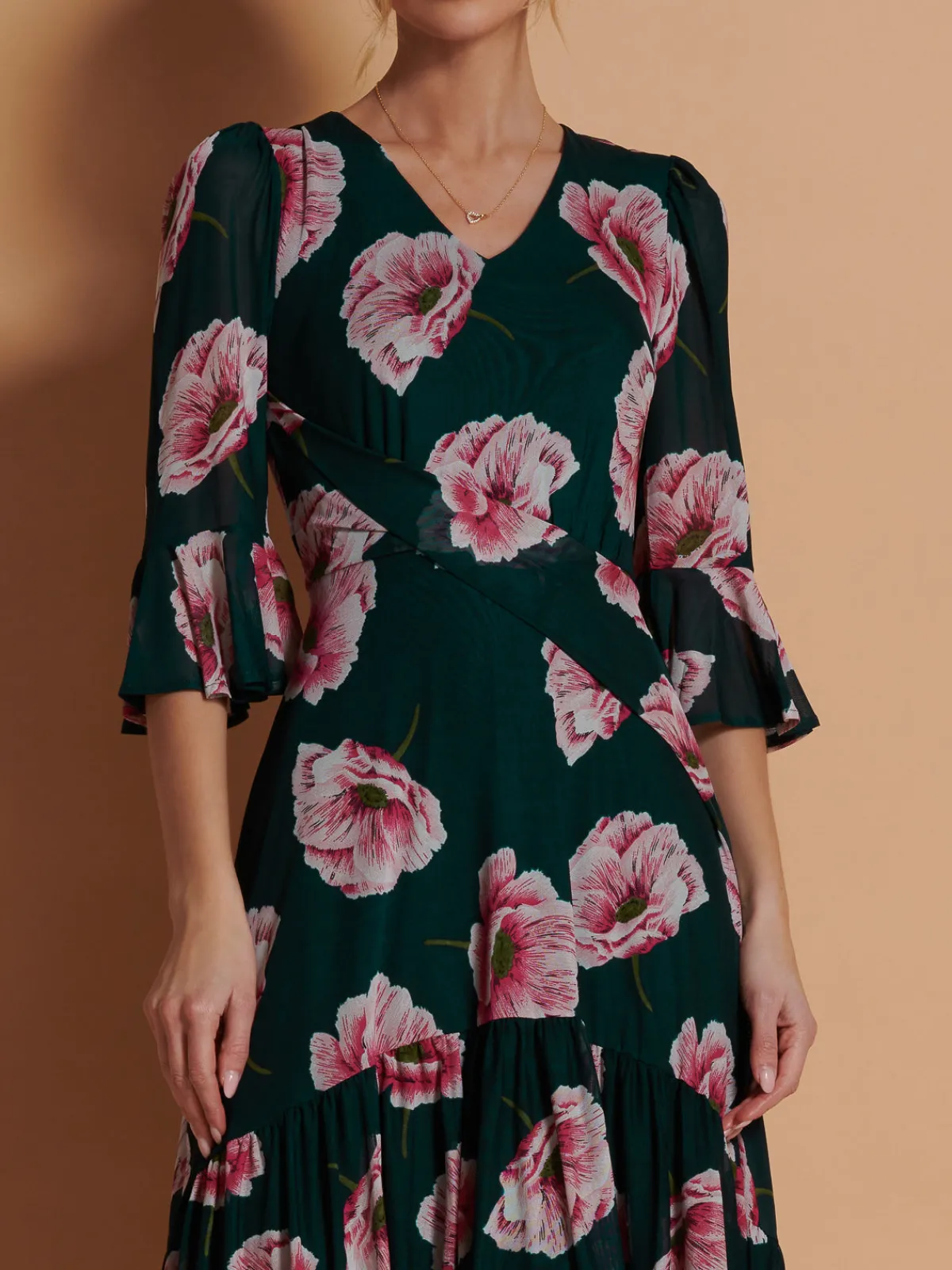 Jolie Moi Occasion Dresses|Floral Dresses-Dipped Hem Mesh Midi Dress, Teal Floral
