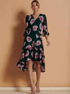 Jolie Moi Occasion Dresses|Floral Dresses-Dipped Hem Mesh Midi Dress, Teal Floral