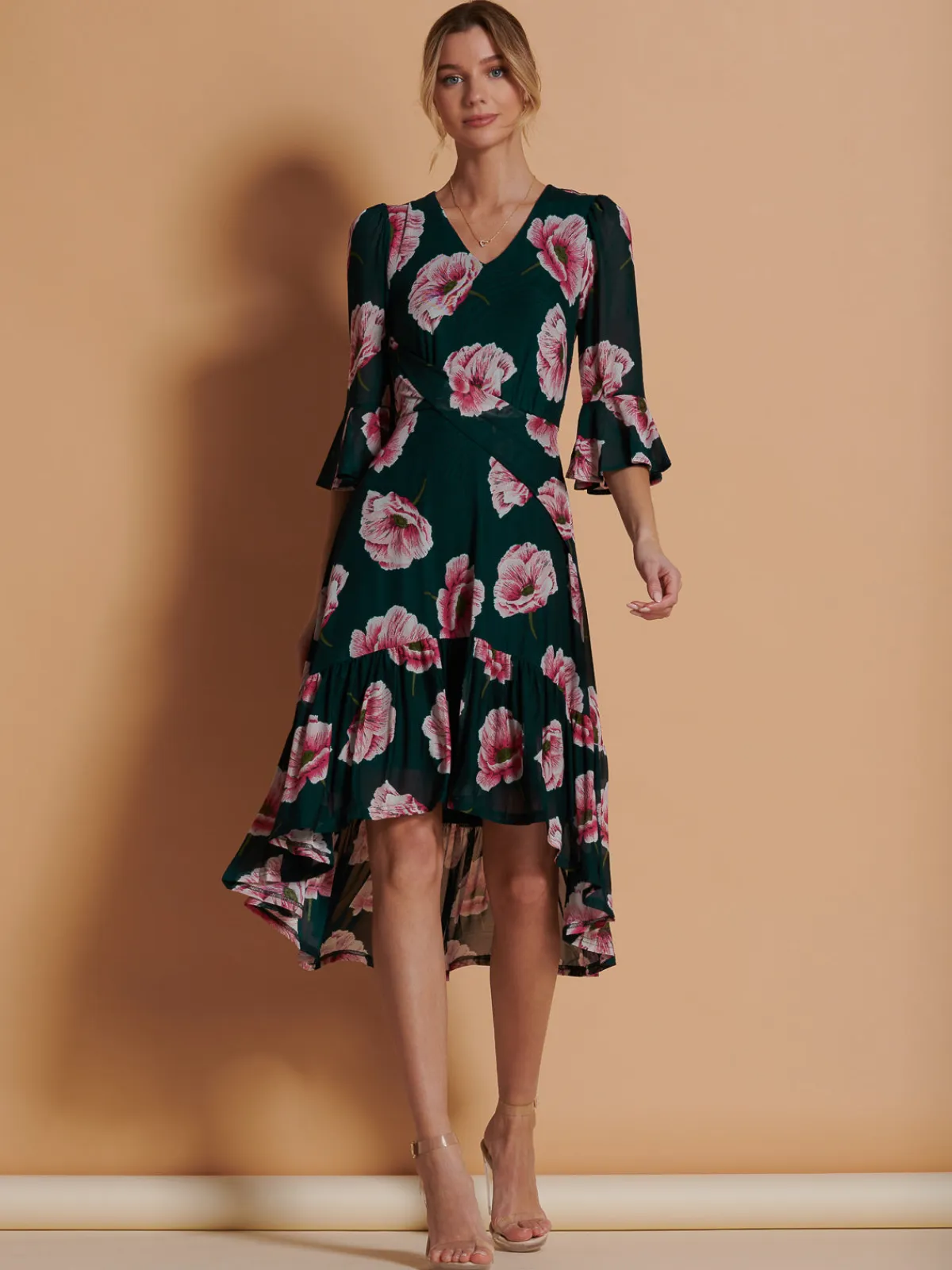 Jolie Moi Occasion Dresses|Floral Dresses-Dipped Hem Mesh Midi Dress, Teal Floral