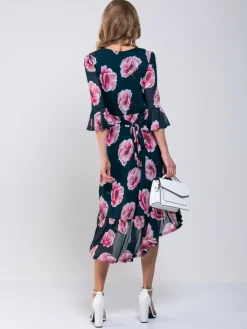 Jolie Moi Occasion Dresses|Floral Dresses-Dipped Hem Mesh Midi Dress, Teal Floral