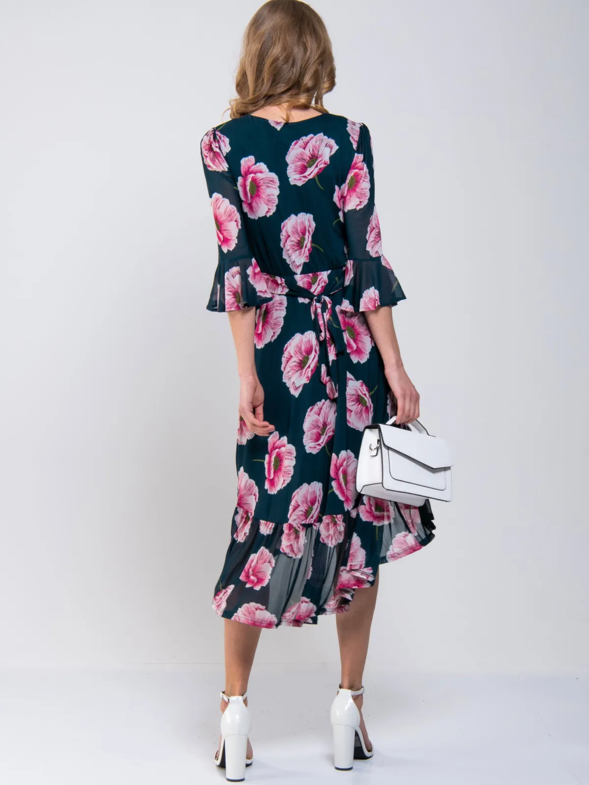 Jolie Moi Occasion Dresses|Floral Dresses-Dipped Hem Mesh Midi Dress, Teal Floral