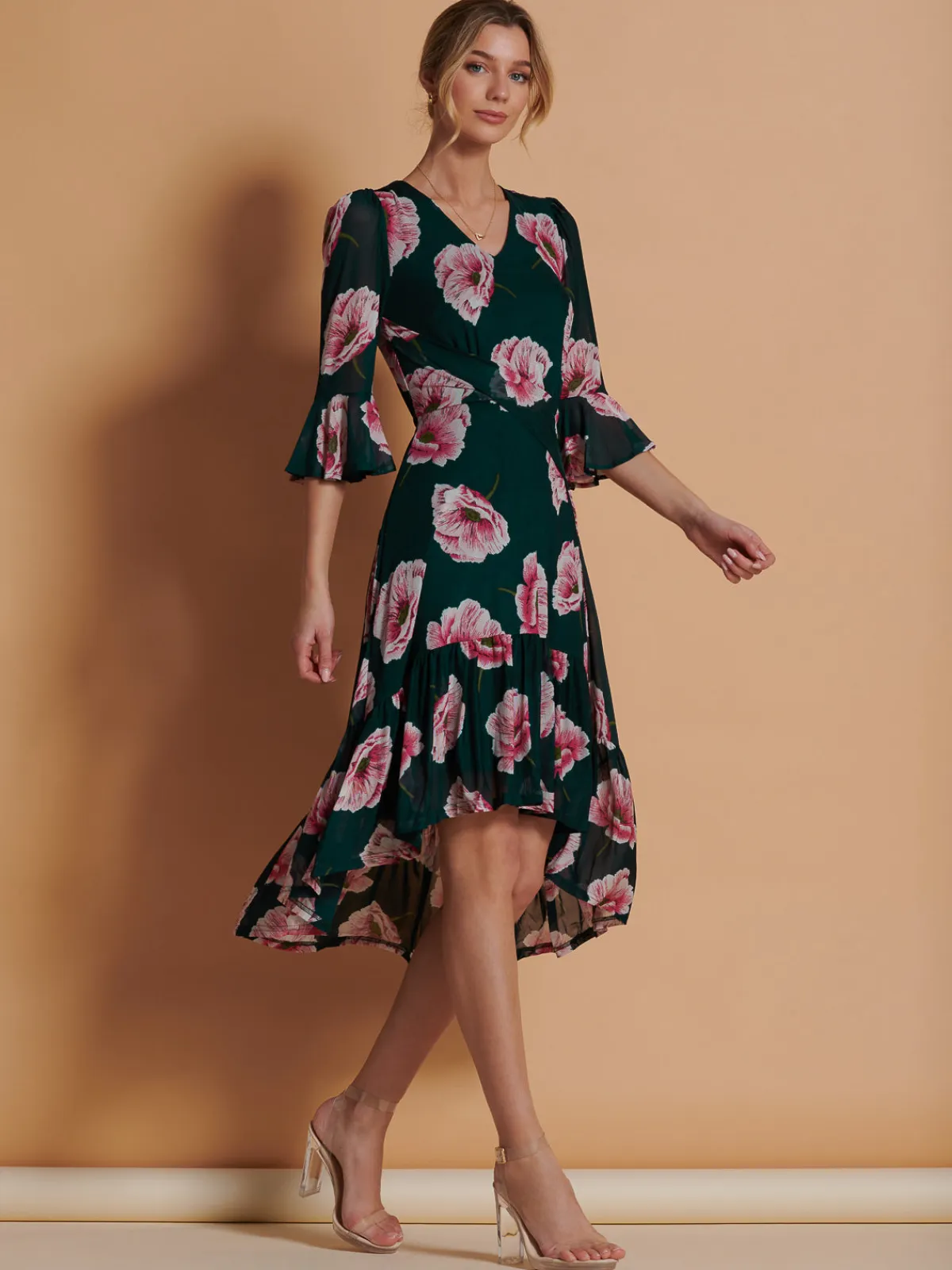 Jolie Moi Occasion Dresses|Floral Dresses-Dipped Hem Mesh Midi Dress, Teal Floral