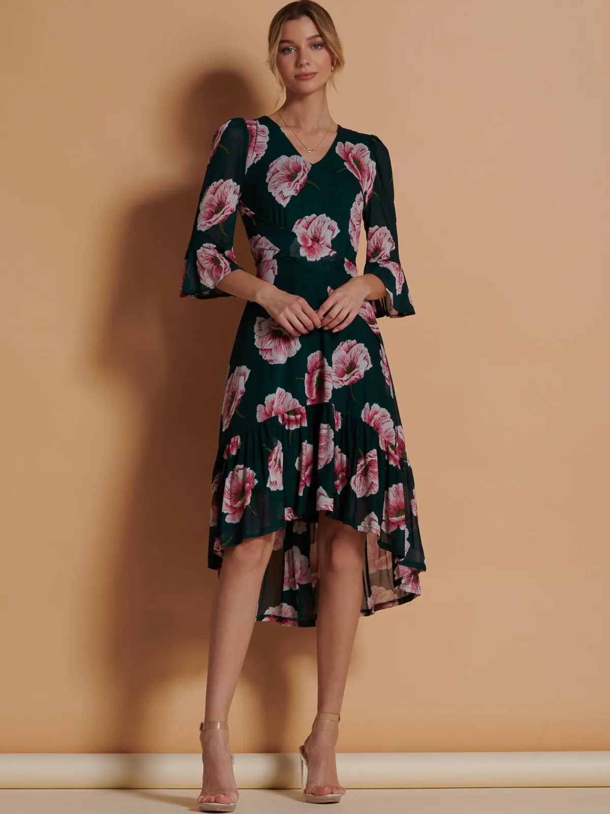 Jolie Moi Occasion Dresses|Floral Dresses-Dipped Hem Mesh Midi Dress, Teal Floral